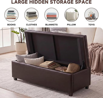 Mangodan Storage Ottoman Bench, Tufted Ottoman with Storage for Living Room, Large End of Bed Ottomans, Modern Entryway Benchs (Faux Leather Dark Brown, 50 Inch)