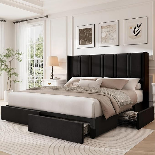 LARMACE King Size Bed Frame with 4 Storage Drawers and Wingback Headboard Velvet Upholstered Platform Bed Frame with Wooden Slats, Easy Assembly, Black
