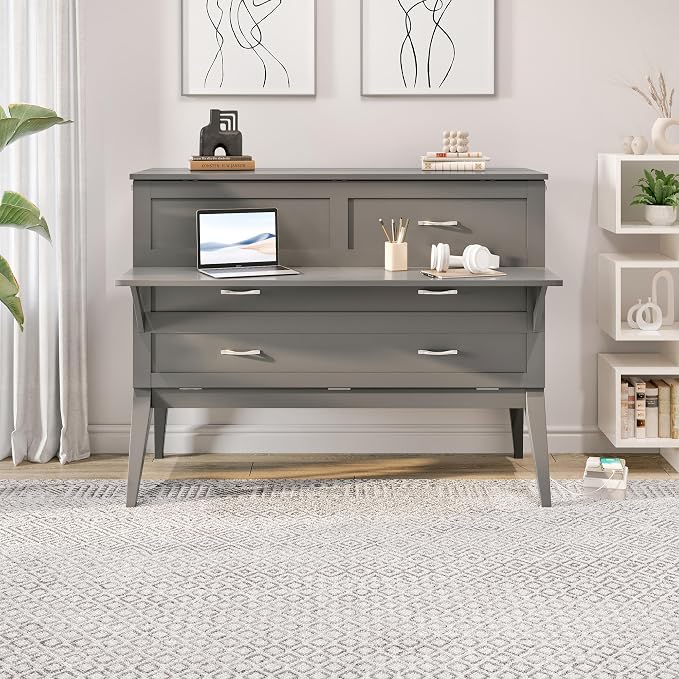 AFI, Northampton Full Size Murphy Bed Desk with Memory Foam 6" Mattress and Built-in USB Charger, Grey