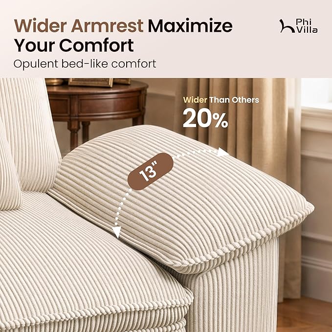 PHI VILLA Cloud Modular Couch Sets with Swivel Accent Chair, 123.6" Sectional Sofa with L-Shaped Chaise, 4-Seater Upholstered Couches with Movable Ottoman for Living Room, Corduroy Fabric, Beige