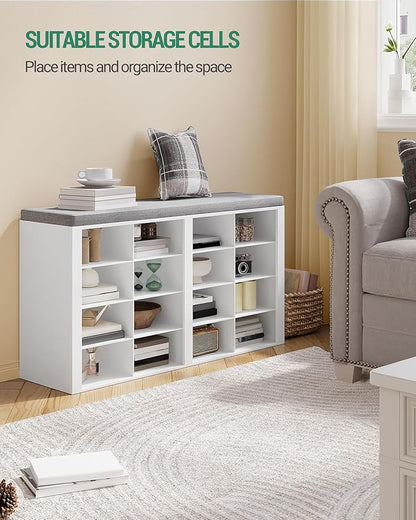 Hzuaneri Shoe Bench with Cushion, Entryway Storage Bench with 16 Cubbies, Cubby Shoe Rack with Adjustable Shelves, Shoe Organizer Cabinet for Living Room, Bedroom, Entryway, White SB25603GY