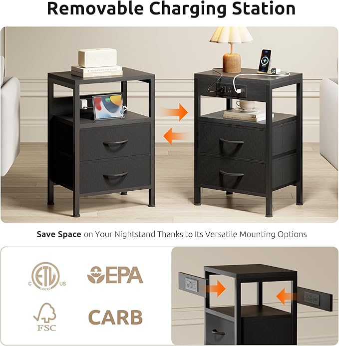 Lazzanto Nightstand Bedside Charger Table for Bedroom - Night Stand with Charging Station, Modern Nightstand with Open Shelf & 2 Fabric Drawers, Bed Side Table with USB-C Port for Dorm, Black