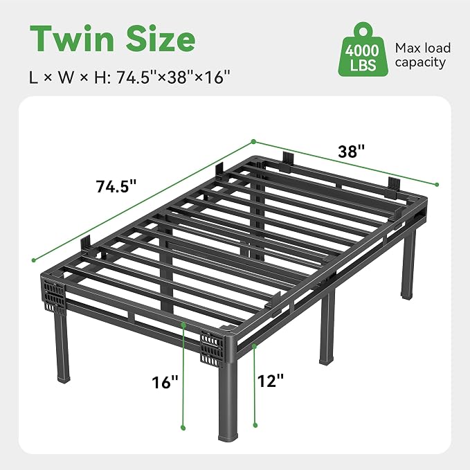 Superay Twin Bed Frame, 16 inch Metal Bed Frame & Box Spring 2 in 1 Design, Double Layer Bed Frame with Rounded Legs, Heavy Duty Platform Support 4000lbs, with Matress Gasket & headboard Adapter