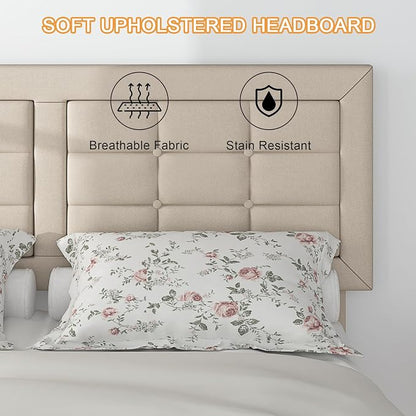 VECELO Full Size Bed Frame, Adjustable Upholstered Button Tufted Headboard, Heavy-Duty Bedframe with Wood Slats Support, No Box Spring Needed, Beige
