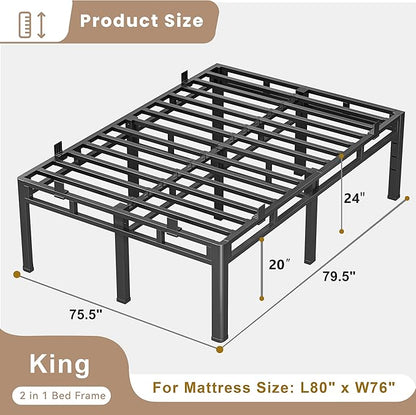 ROIL 24 Inch King Size Bed Frame, Metal Bed Frame & Box Spring 2 in 1 Platform with Round Corner Legs, 4000LBS Double Layer Bed Frame with Headboard Holes Mattress Baffles, Noise-Free Easy Assembly
