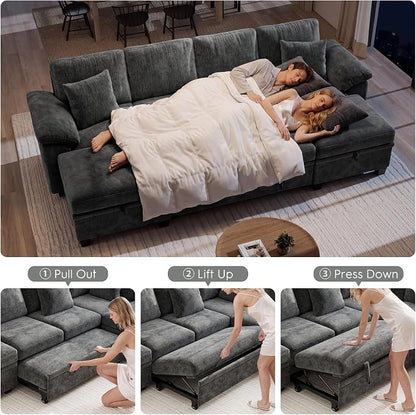 Ihanherry 108" Modular Sectional Sofa with Pull Out Bed, 6-Seater U Shaped Sectional Sleeper Couch with Storage Ottoman, Chenille Convertible Couches for Living Room, Apartment (Grey)