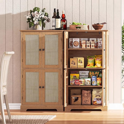 ChooChoo Bathroom Floor Cabinet, Rattan Bathroom Storage Cabinet with 4 Doors and Adjustable Shelves, Freestanding Cupboard for Living Room, Rustic Oak