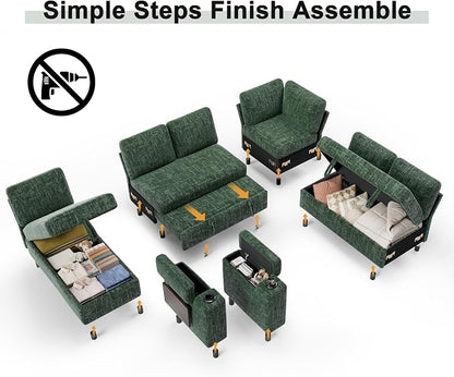 Vipbear Premium 111" Modular Sectional Sleeper Sofa, 7 Seat Sleeper Sofa with Pull Out Bed, L Shaped Couch with USB Ports|Storage Chaise|Cup Holders|Storage Armrests|Side Table, Green