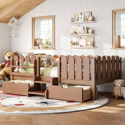 Bellemave Twin Kids Montessori Bed with Stairs, Bookshelf and LED Lights, Solid Wood Kids Bed Frame with Storage Drawers for Boys Girls, Low Profile,Deep Natural