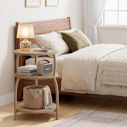 Round Side Table, 3-Tier End Table with Storage Shelf, 15.7" Wide Nightstand for Small Spaces, Tall Sofa Table Capable of Holding Laptops & Lamps, Bedside Table for Bedroom & Living Room, Oak
