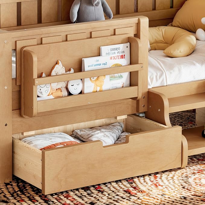 Bellemave Twin Floor Bed with Stairs, Rails and Slats, Twin Size Montessori Floor Bed with Bookshelf and 2 Storage Drawers, Easy Assemble Montessori Beds Frame for Girls, Boys, Deep Natural