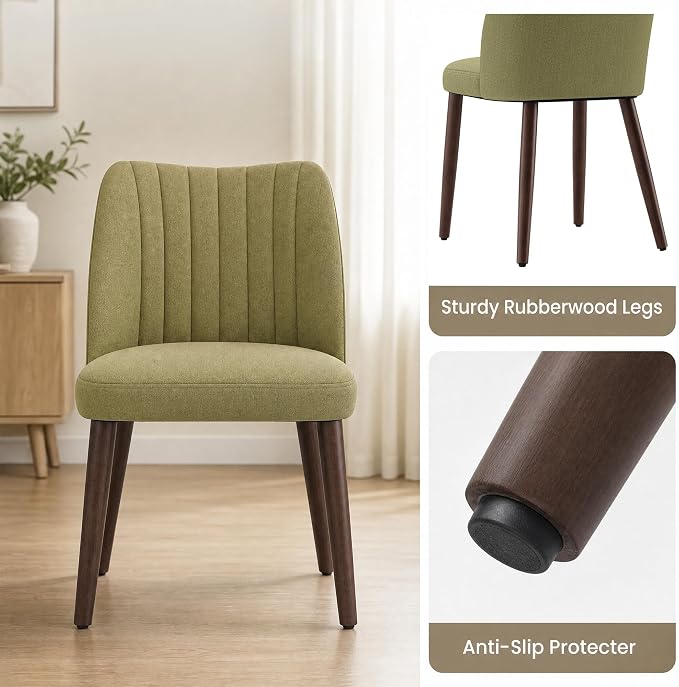 Upholstered Dining Chairs Set of 2, Modern Fabric Dining Chairs with Curved Backrest & Solid Rubber Wood Legs, Padded Kitchen Dining Room Chairs for Restaurant Cafe, Green