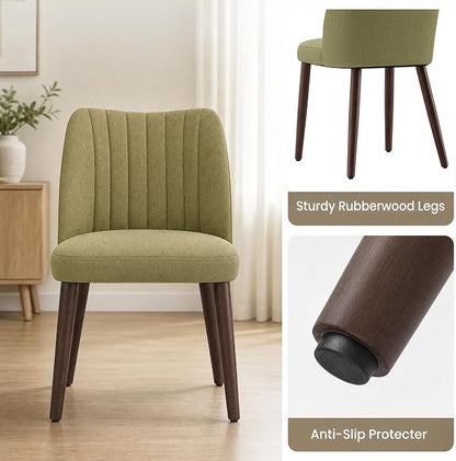 Upholstered Dining Chairs Set of 2, Modern Fabric Dining Chairs with Curved Backrest & Solid Rubber Wood Legs, Padded Kitchen Dining Room Chairs for Restaurant Cafe, Green