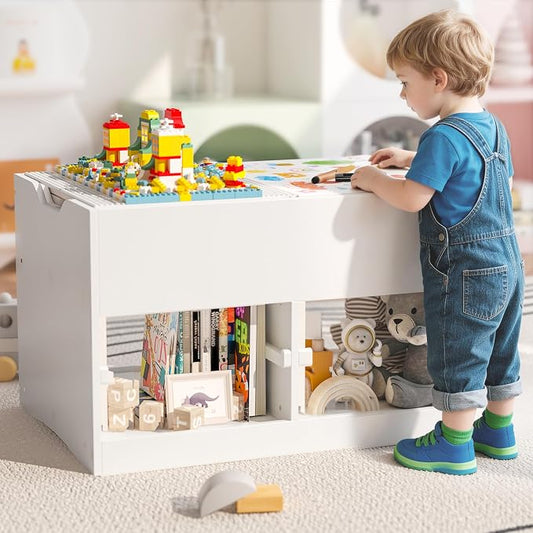 Easyego Kid Sensory Table with Storage - Activity Table with Building Block Boards & Foldable Storage Bins, Birthday Gifts for Boys and Girls - White