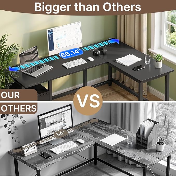Gizoon 66 Inch L Shaped Desk with Power Outlets & Large Drawers, Reversible Corner Gaming Desk, Home Office Computer Workstation with CPU Stand, Black