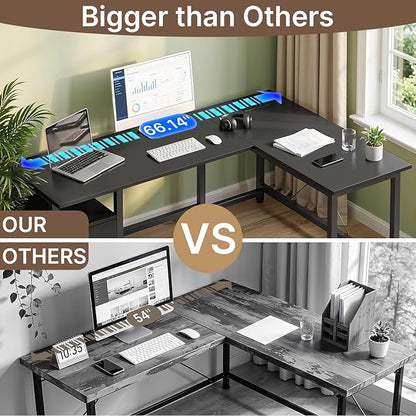 Gizoon 66 Inch L Shaped Desk with Power Outlets & Large Drawers, Reversible Corner Gaming Desk, Home Office Computer Workstation with CPU Stand, Black