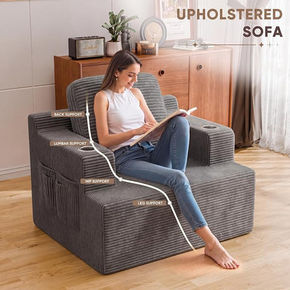 Homall 42” Single Sofa Foam Couch for Small Spaces Upholstered Floor Sofa with Cup Holder & Storage Pocket Boneless Couch for Bedroom Living Room (Grey, Single)