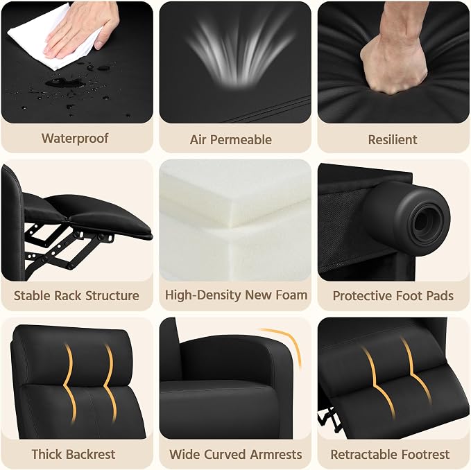 Topeakmart Recliner Chair PU Leather Adjustable Modern Single Reclining Chair with Pocket Spring Living Room Bedroom Home Theater Black