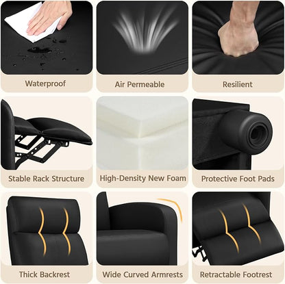 Topeakmart Recliner Chair PU Leather Adjustable Modern Single Reclining Chair with Pocket Spring Living Room Bedroom Home Theater Black