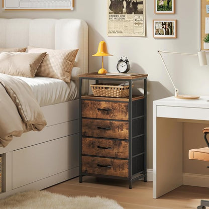 Huuger Night Stand with Charging Station, 4 Drawer Dresser for Bedroom, Bedside Table, 33.9 Inch Tall Nightstand with Open Shelf, End Table, for Closet, Entryway, Bedroom, Rustic Brown