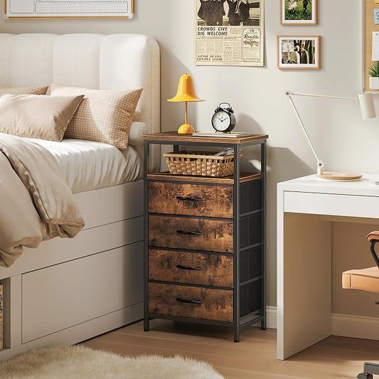 Huuger Night Stand with Charging Station, 4 Drawer Dresser for Bedroom, Bedside Table, 33.9 Inch Tall Nightstand with Open Shelf, End Table, for Closet, Entryway, Bedroom, Rustic Brown