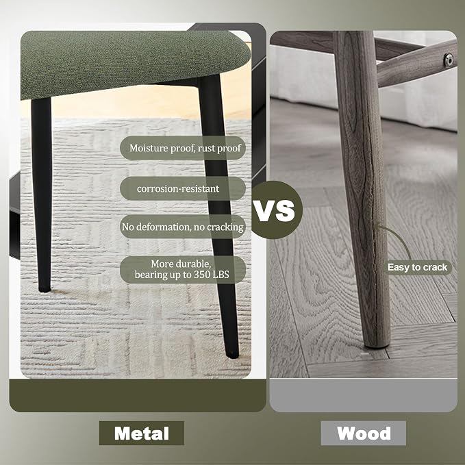 FREKEN Modern Upholstered Dining Chairs Set of 4, Mid-Century Metal Frame Linen Fabric Side Chair for Kitchen Dining Room, 350lbs Capacity, Green