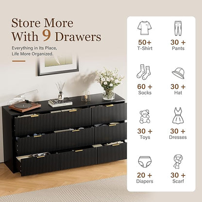 Furniway Black Dresser for Bedroom, Modern Dresser with 9 Drawers and Smooth Slides, Wide Chest of Drawers with Golden Handles for Bedroom, Living Room, Closet, 15.7" D x 63" W x 31.5" H