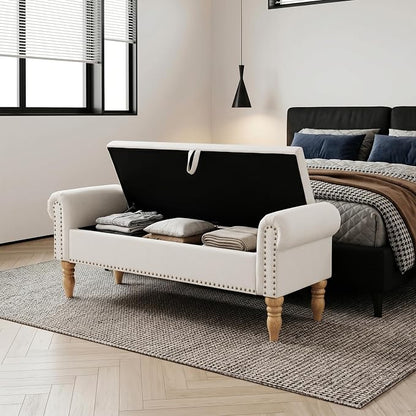 Storage Bench for Bedroom, 60" End of Bed Bench Premium Linen Upholstered Storage Ottoman, Entryway, Closet, Beige