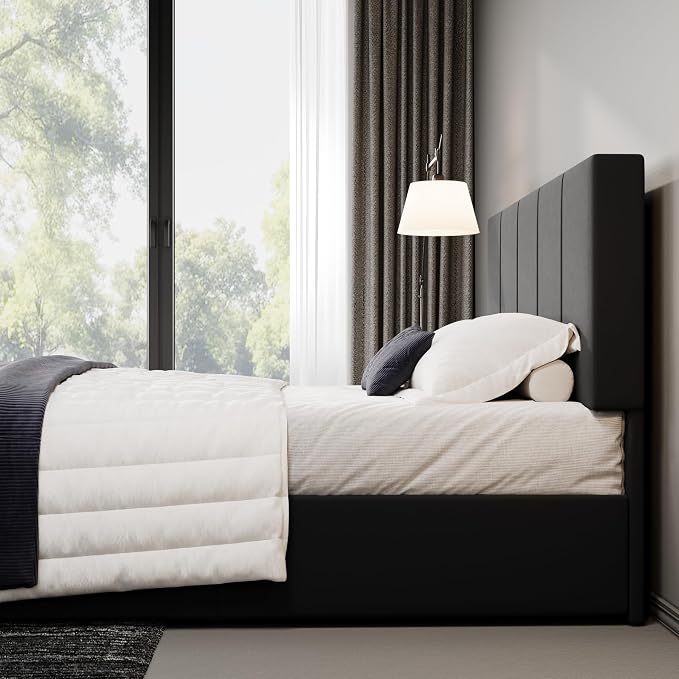 Allewie Queen Size Dutch Velvet Upholstered Platform Bed Frame/Vertical Channel Tufted Adjustable Headboard/Low Profile Bed Frame/No Box Spring Needed/Easy Assembly/Black