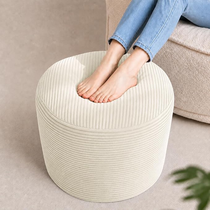 Stuffed Pouf Ottoman Foot Rest with 2.8-inch Solid Foam Base | Odorless Filling Resists Clumping, Washable Corduroy Cover, Round Foot Stool for Living Room Couch Lounging and Home Decor