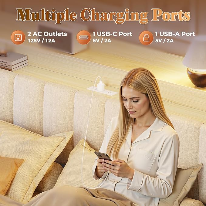 PRAISUN Bed Frame Queen Size with Upholstered Headboard & Charging Station, Queen Bed Frame with 4 Storage Drawers, 2-Tier Open Shelves, No Box Spring Needed, Slient Foam Strip, Easy Assembly, Beige