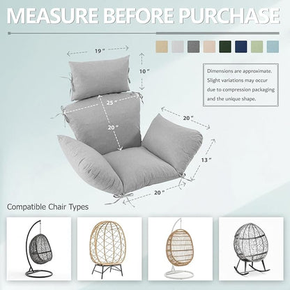 Egg Chair Cushion with 8 Securing Straps, Water-Repellent & Fade-Resistant Faux Linen, Removable Cover, Replacement Cushion for Most Single Outdoor Hanging Swing Egg Chairs – Light Grey