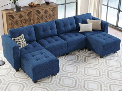 Belffin Reversible Storage Modular U-Shape Sectional Sofa Couch with Double Chaises Modular Sectional Sofa Set with Ottomans Fabric Blue
