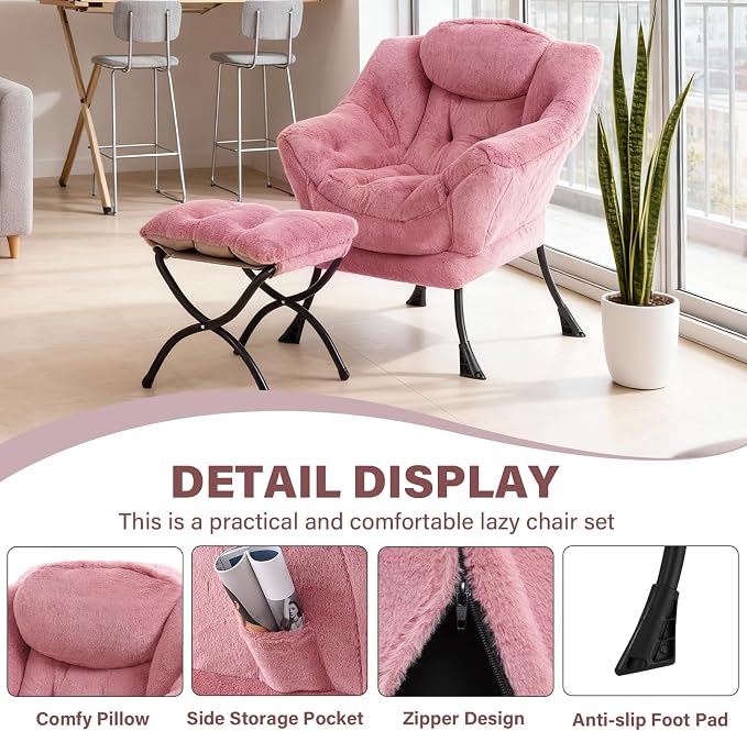 Lazy Chair with Ottoman, Modern Accent Chair Contemporary Sofa Chair with Armrests, Reading Chair and Folding Footstool Set for Living Room, Bedroom, Office