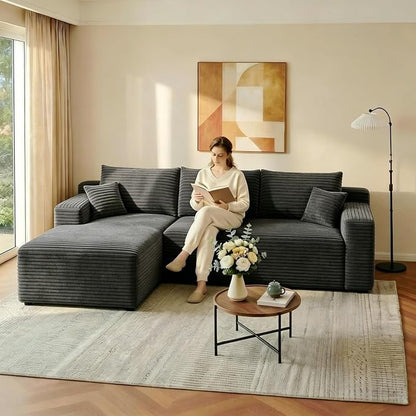 JINGLING 94" L Shape Couch with Left Chaise, Memory Foam Boneless Sectional Sofa in a Box, No Assembly Modular Small Couches for Small Spaces, Living Room, Apartments, Plush Corduroy, Dark Grey