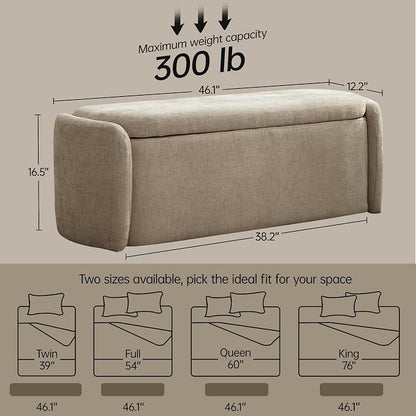 VKNOW 46" Oval Storage Ottoman Bench, Upholstered End of Bed Bench Ottomans Bench Foot Rest, Sherpa Storage Bench for Bedroom, Living Room and Hallway, Light Brown