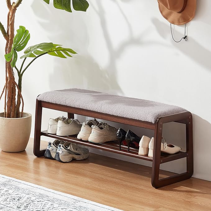 Achicsofar Shoe Rack Bench,2 Tier Solid Wooden Entryway Bench(Gray Lilac) | with Shoe Storage, Shoe Rack with Cushion, for Living Room, Hallway, Garage, 11.8"D x 39.4"W x 16.5"H