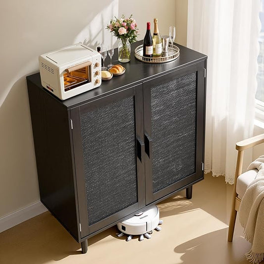 VEVOR Buffet Cabinet, Rattan Sideboard Cabinet with 2 Magnetic Doors and Adjustable Shelves, Accent Sideboard Buffet with Wooden Legs & Power Cord Hole for Hallway, Entryway, Kitchen, Black