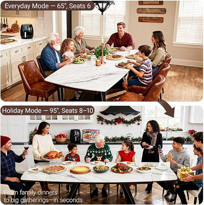 Honyee Extendable Dining Table with Leaf, 65 to 95 Inch Rectangular Sintered Stone, Modern Large Dining Room Table Seats 6 8 10 12, Metal Base, Marble Look for Family Gatherings