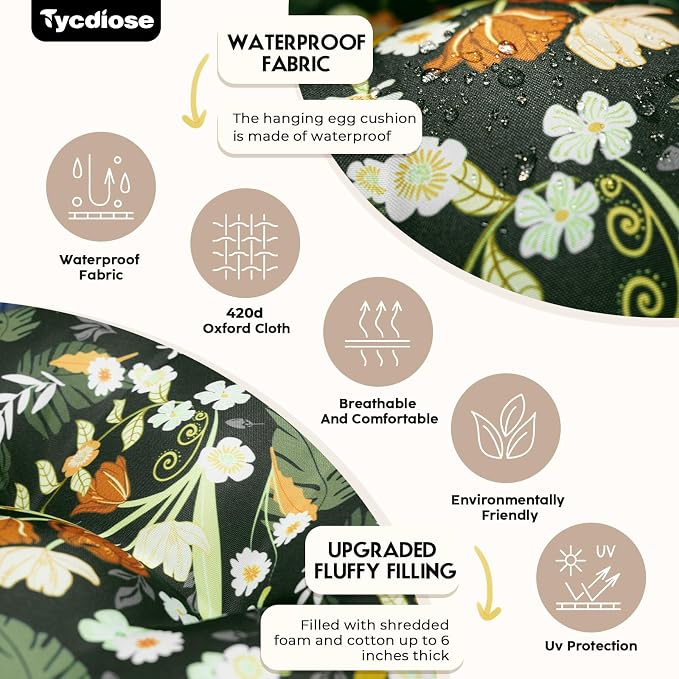 Outdoor Hanging Egg Chair Cushion Replacement, Extra Large Waterproof Egg Swing Cushions with Headrest Pillow and Ties, U-Shaped Thickened Cushion for Hanging Eggs Chair (Green Floral)