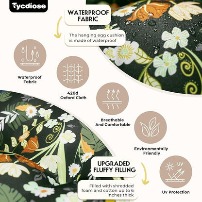 Outdoor Hanging Egg Chair Cushion Replacement, Extra Large Waterproof Egg Swing Cushions with Headrest Pillow and Ties, U-Shaped Thickened Cushion for Hanging Eggs Chair (Green Floral)