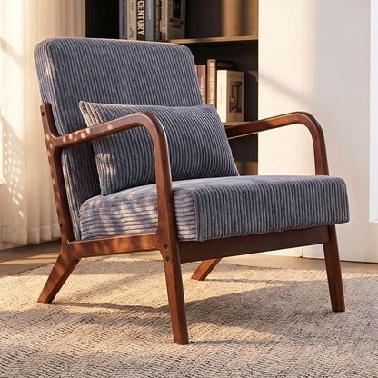 Mid Century Modern Accent Chair with Solid Rubber Wood Frame, Comfy Corduroy Reading Armchair with Lumbar Pillow, 350 LBS Heavy Duty Lounge Chair for Bedroom, Living Room & Small Spaces