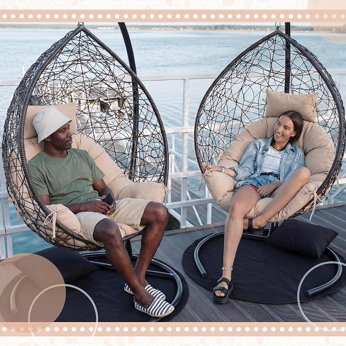 Tudomro Waterproof Egg Chair Cushion with Pillow Filling 2.58 kg Replacement Rocking Wicker Chair Cushion 48" x 32" High Back Hanging Swing Hammock Pad Thicken for Outdoor Patio Garden(Beige)