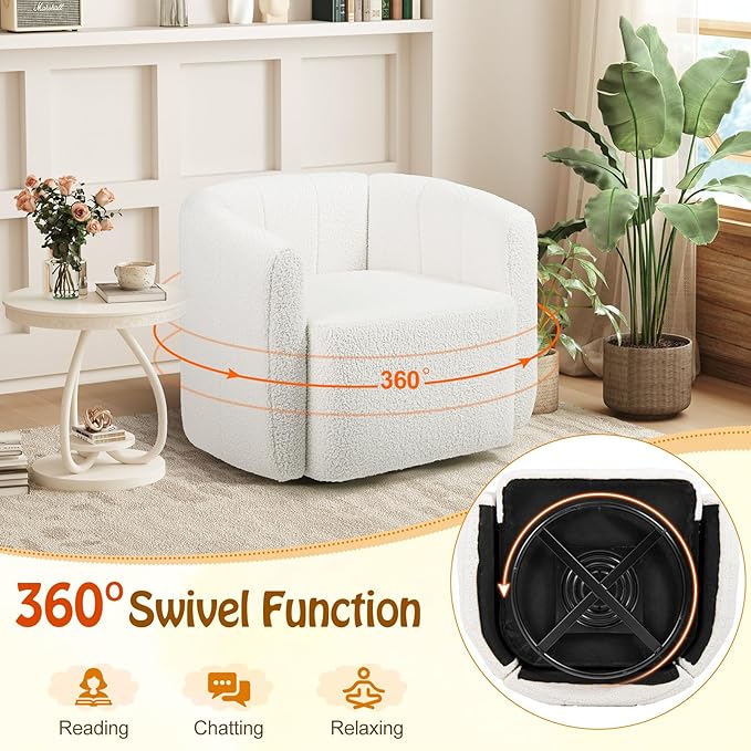 Giantex 360° Swivel Accent Chair Set of 2- Sherpa Upholstered Boucle Barrel Club Chair with Padded Armrests, Modern Round Arm Chair for Reading, Living Room, Bedroom, Office, White Teddy