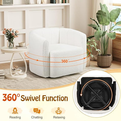 Giantex 360° Swivel Accent Chair - Sherpa Upholstered Boucle Barrel Club Chair with Padded Armrests, Modern Round Arm Chair for Reading, Living Room, Bedroom, Office, White Teddy