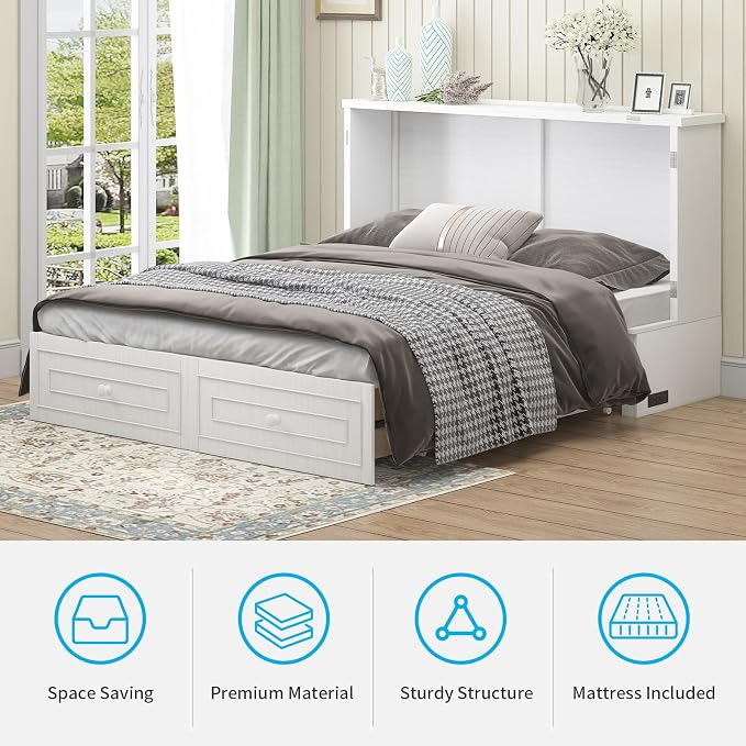 Mjkone Queen Size Murphy Bed Cabinet with Tri-Folding Mattress Included, Chest Cabinets Bed with USB Charging Station, Wall Beds with Storage Drawers for Guest Bedroom Apartment Office, White