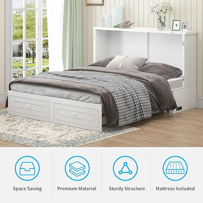 Mjkone Queen Size Murphy Bed Cabinet with Tri-Folding Mattress Included, Chest Cabinets Bed with USB Charging Station, Wall Beds with Storage Drawers for Guest Bedroom Apartment Office, White