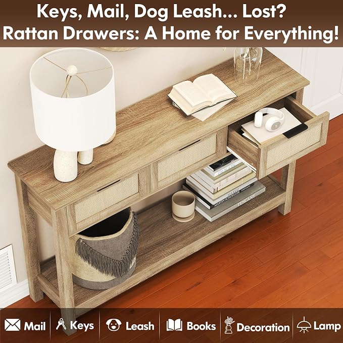 Luoxiao Rattan Console Table 3-Drawer 47" Narrow Wood Entryway Sofa Table | Trendy Boho Hallway Foyer Storage, Open Shelf, Sturdy Entry Table for Living Room, Couch, Easy Assembly, Anti-Tip, Natural