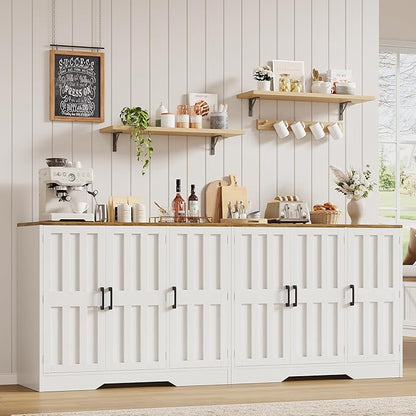 Modern Farmhouse Buffet Cabinet with Storage, 85" Large Sideboard Storage Cabinet with 6 Barn Doors, Coffee Liquor Bar Cabinet Wood Table Credenza with Adjustable Shelf for Kitchen Dining Living Room