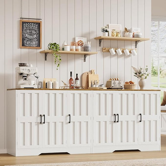 Modern Farmhouse Buffet Cabinet with Storage, 85" Large Sideboard Storage Cabinet with 6 Barn Doors, Coffee Liquor Bar Cabinet Wood Table Credenza with Adjustable Shelf for Kitchen Dining Living Room
